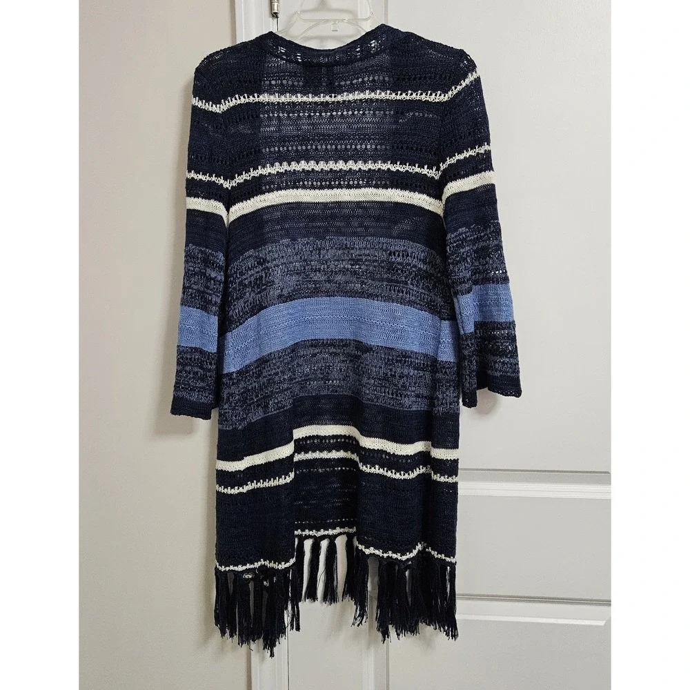 New Directions Open Cardigan Womens Med Blue‎ Striped Tassel Fringe Boho Duster - Picture 9 of 9
